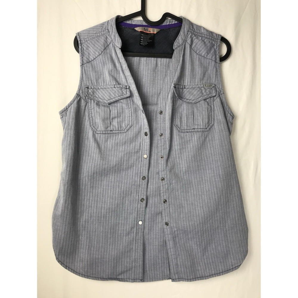 5.11 Tactical Meadow Sleeveless Top Vest Shirt Gray Striped Herringbone Snap XS